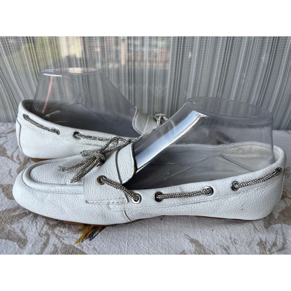 Guess Lavonta2 White Leather Rhinestone Bow Driving Loafers 8.5M GWLAVONTA2